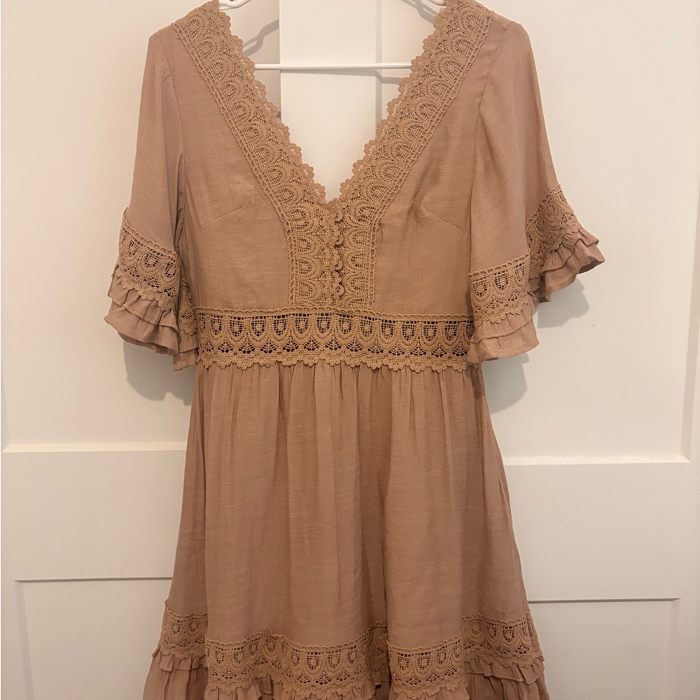 Bluivy Crochet-Trim V-Neck Mini Dress - Taupe